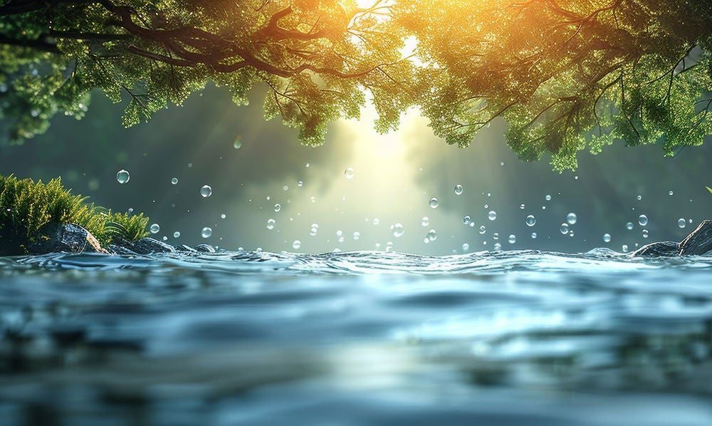 Water droplets over a lake with the sun setting