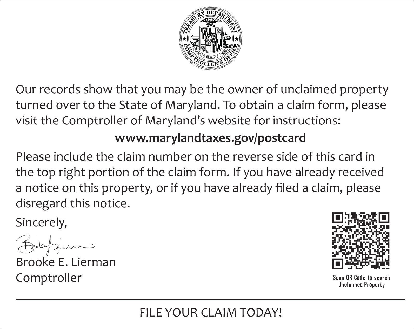 Unclaimed Property postcard