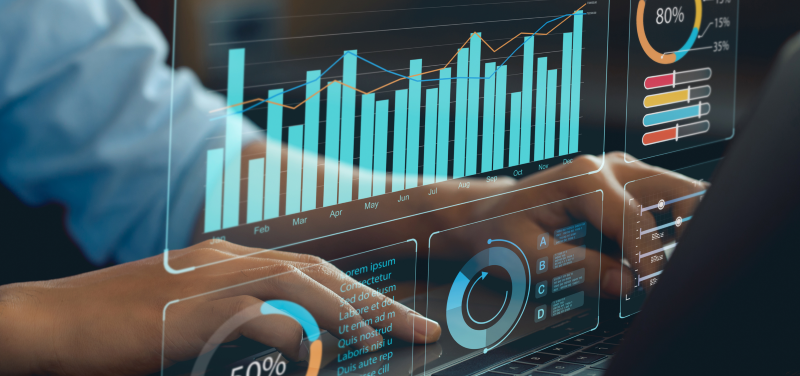 A touch screen with dashboard visualizations