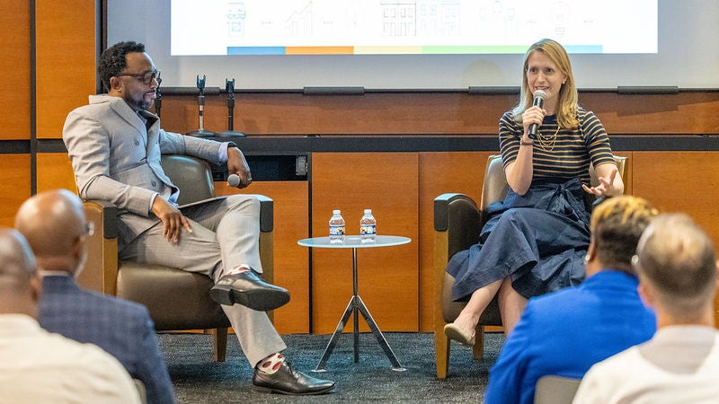 Comptroller Lierman and Innovation Works CEO Jay Nwachu at the Baltimore Neighborhood Economics Lab’s annual convening having a fireside chat.