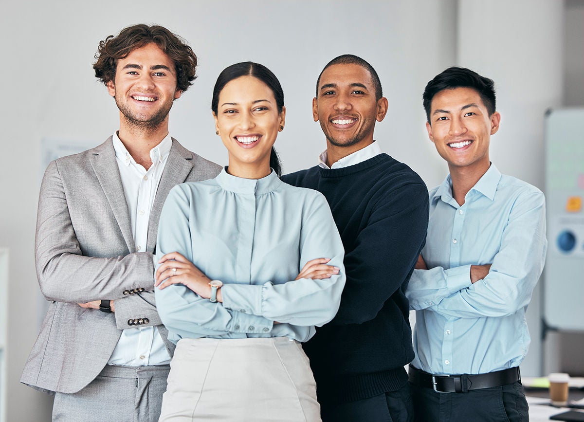 Businesspeople, team or group of young professionals, staff or interns in unity at office.