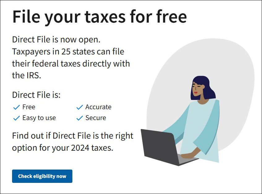 An illustration of a woman looking at a laptop, surrounded by text about Direct File coming back in 2025