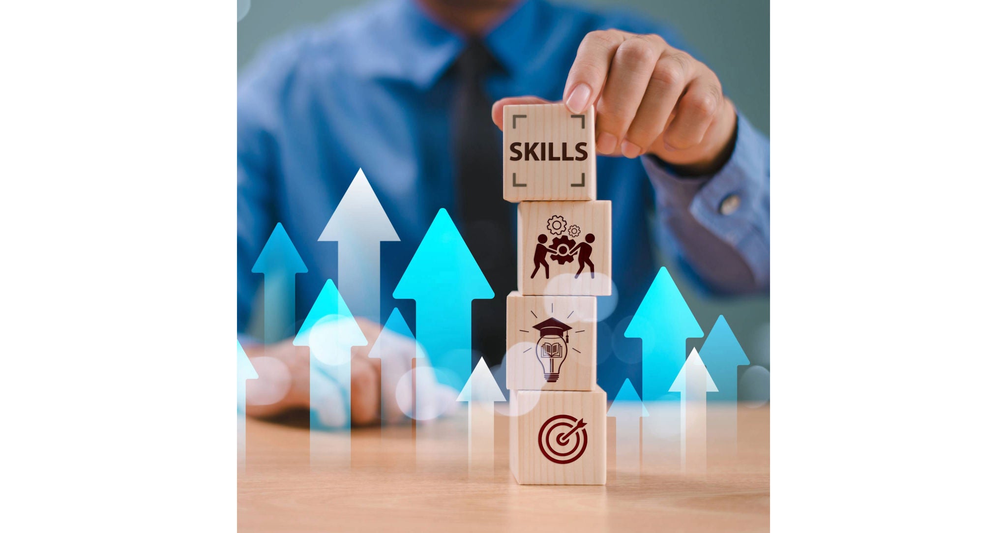 Skill competency development concept. Up new ability skill training for technology evolution. Leadership thinking upskill. Hand hold wooden cube, soft skill digital icon. Education learning talent 