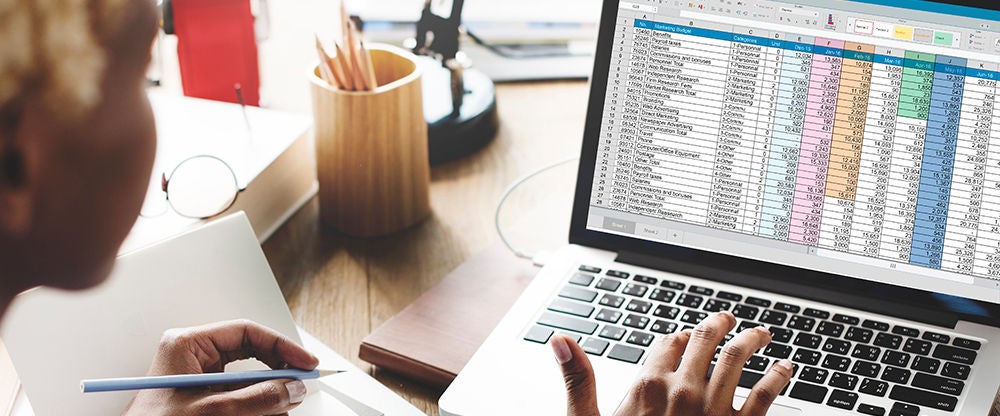 business professional working in a spreadsheet application on a laptop