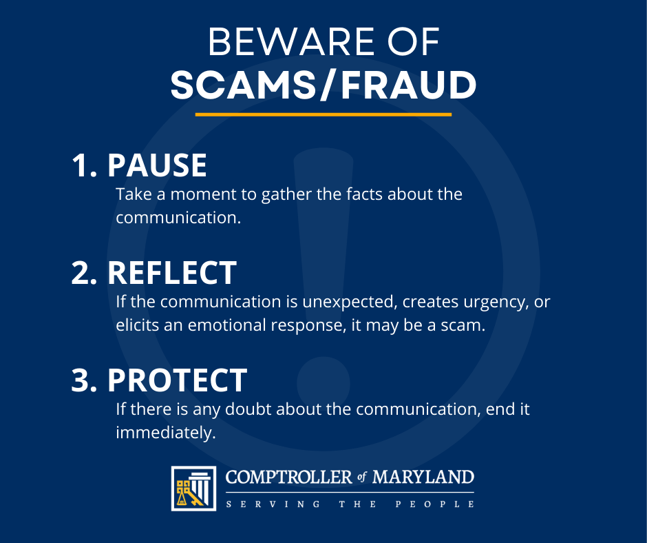 Beware of Scams/Fraud. Pause, Reflect, Protect