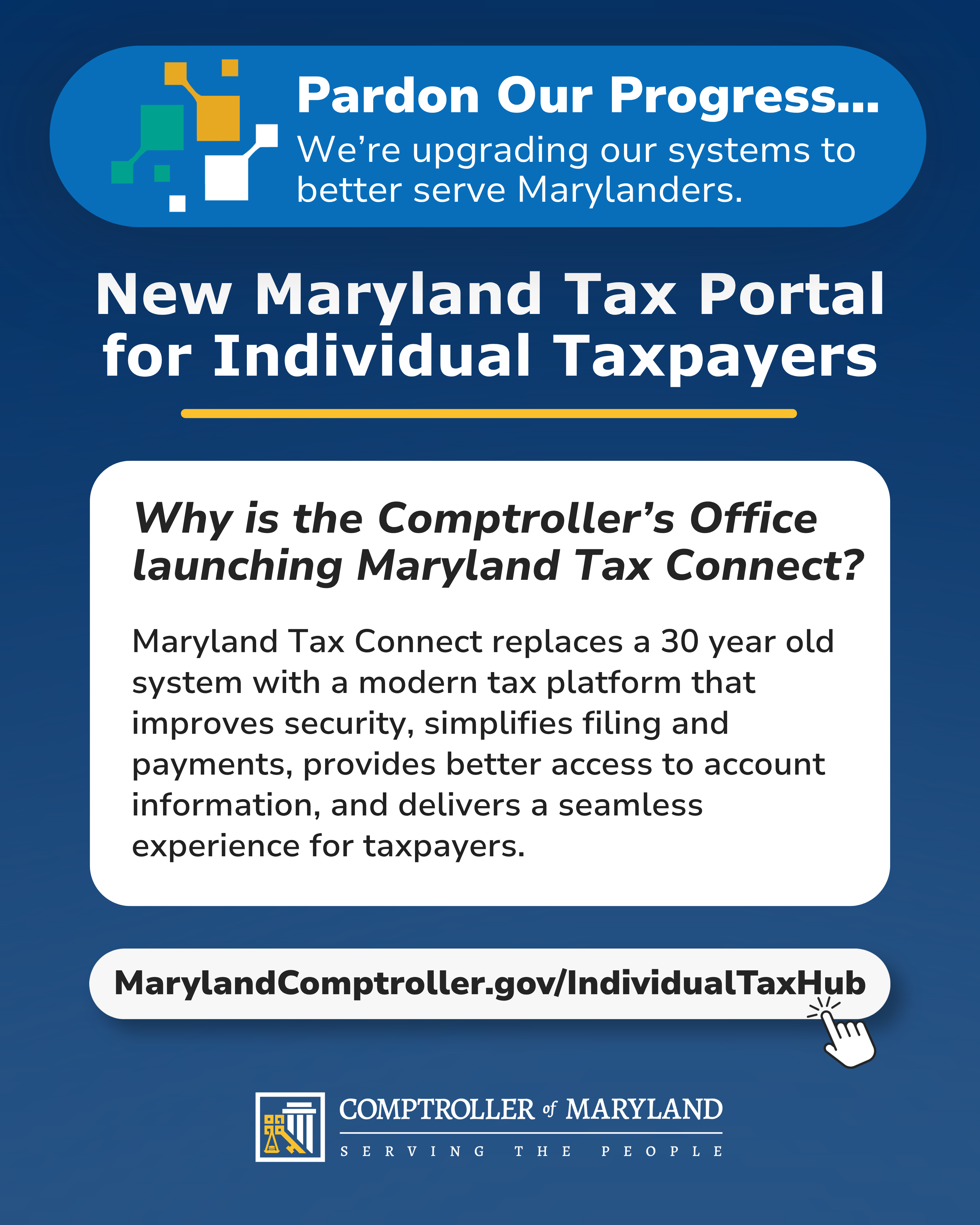 A poster noting the tax processing system is over 30 years old and must be replaced. 