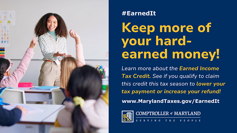 Image of a smiling teacher in front of a class of children with their hands raised, next to text about the #EarnedIt Campaign