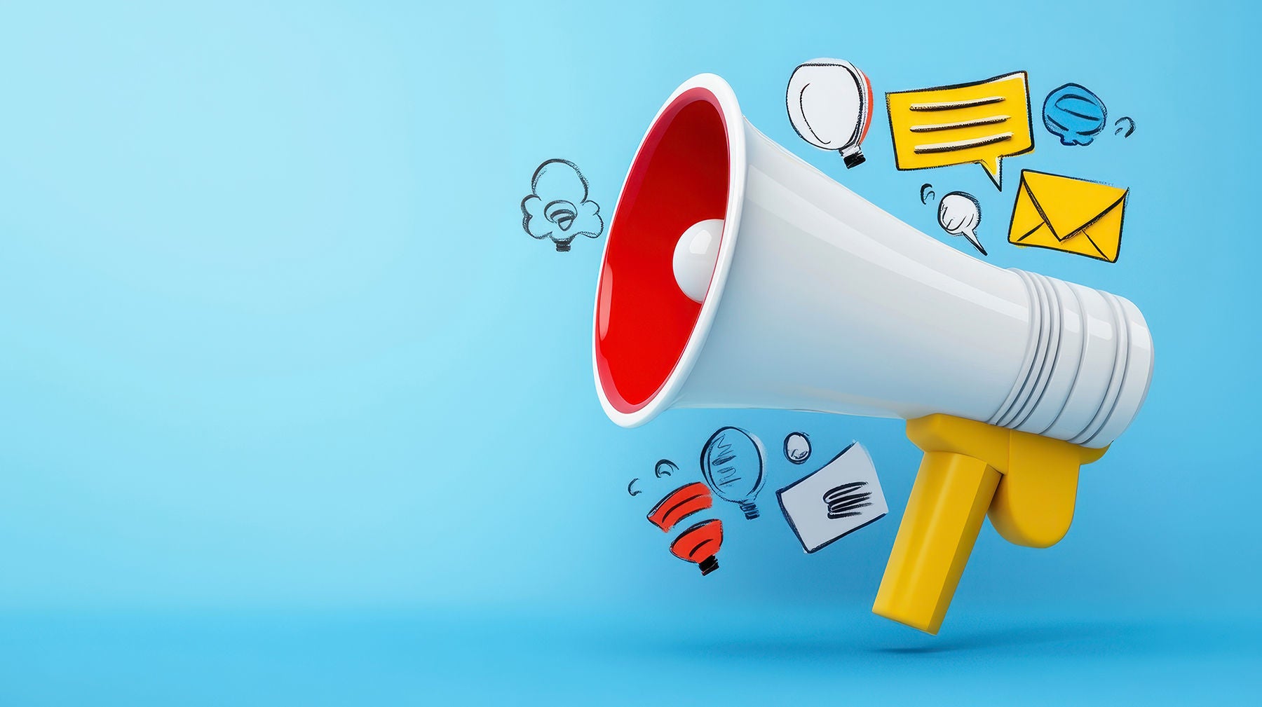White and red megaphone with yellow handle on a light blue background, surrounded by small pixelated icons representing communication and marketing