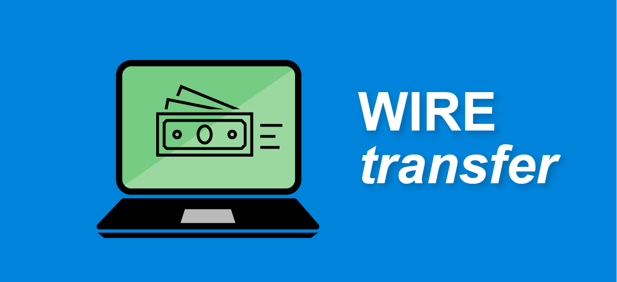 vector graphic image of a laptop showing money being transferred with the words wire transfer to the right of it