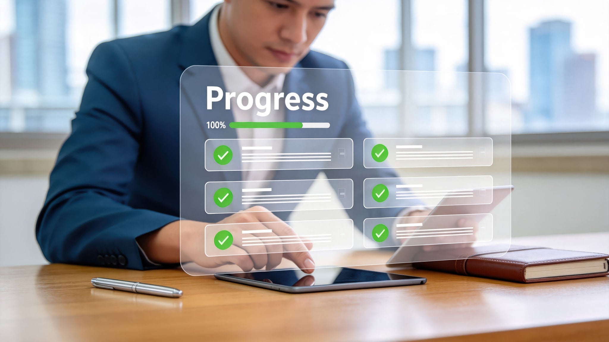 Business professional managing project progress on tablet and smartphone