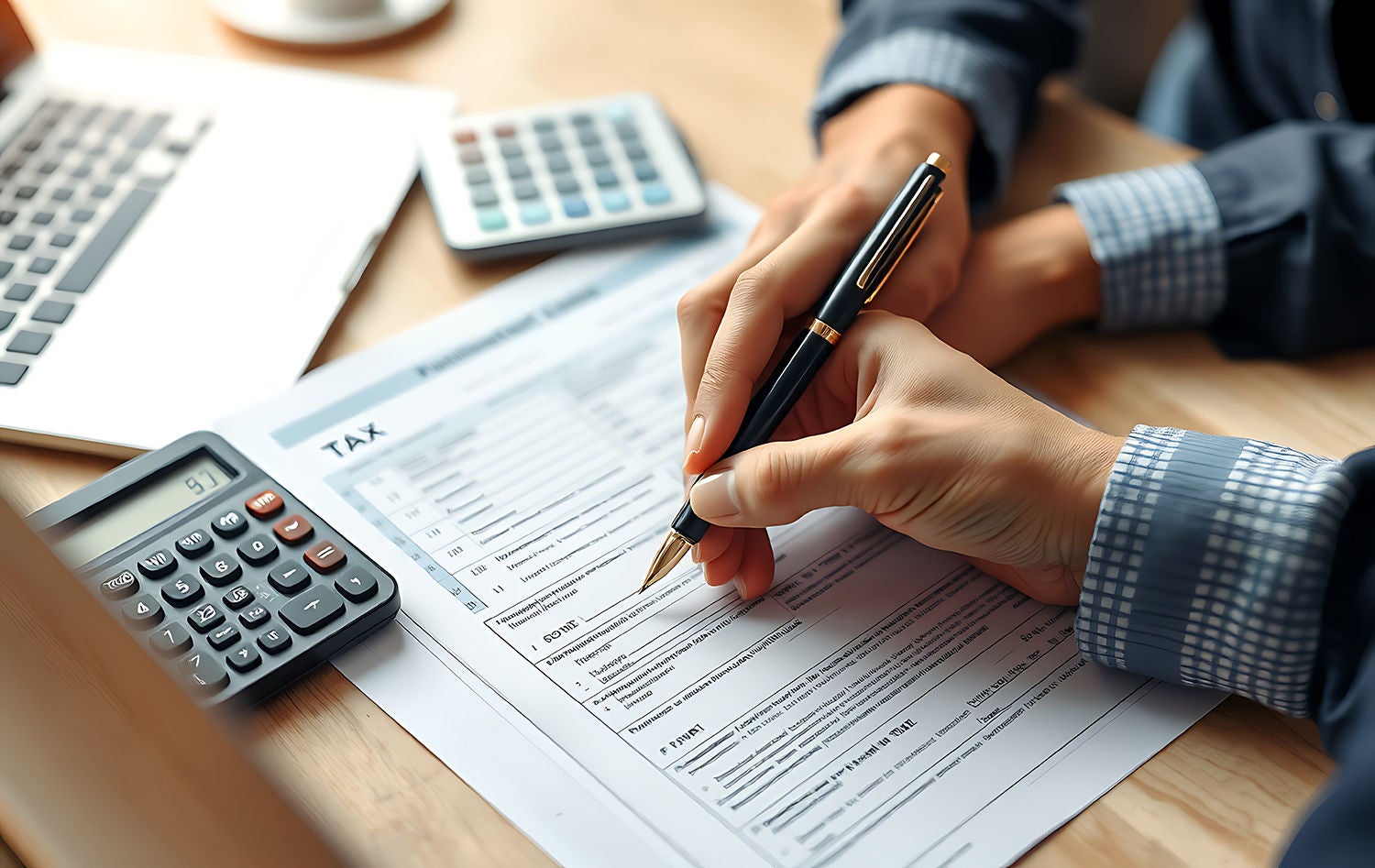 A hand using preparing a tax form with a calculator on the desk 