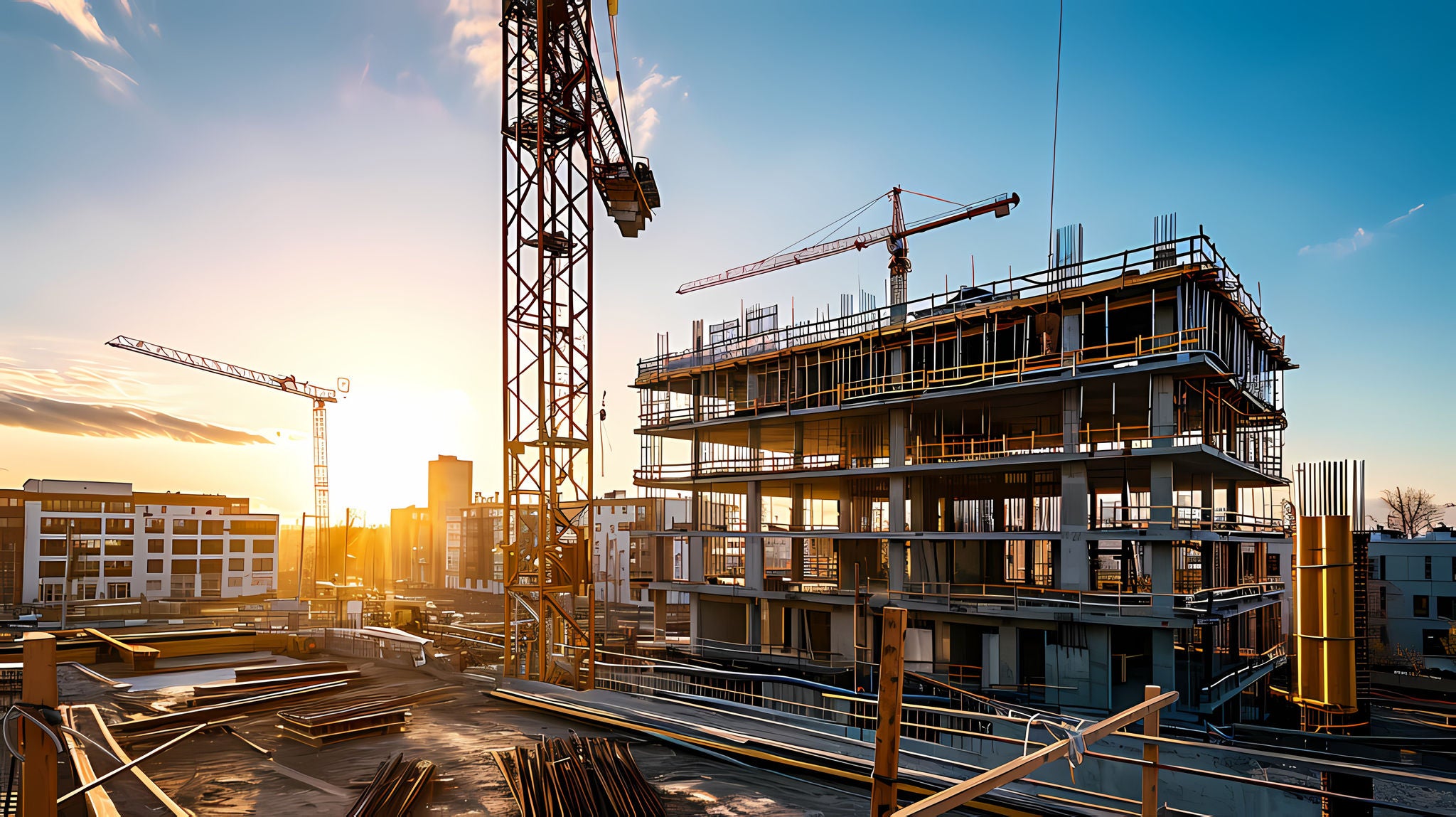 Construction site for a large building with a clear blue sky background